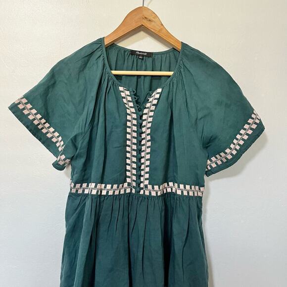 Madewell Embroidered Linen oFlutter Sleeve Mini Dress Size S Evergreen Forest - Picture 6 of 12